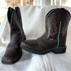 Justin Women's Brown and Teal Leather Gypsy Western Cowboy Boots Ankle Booties